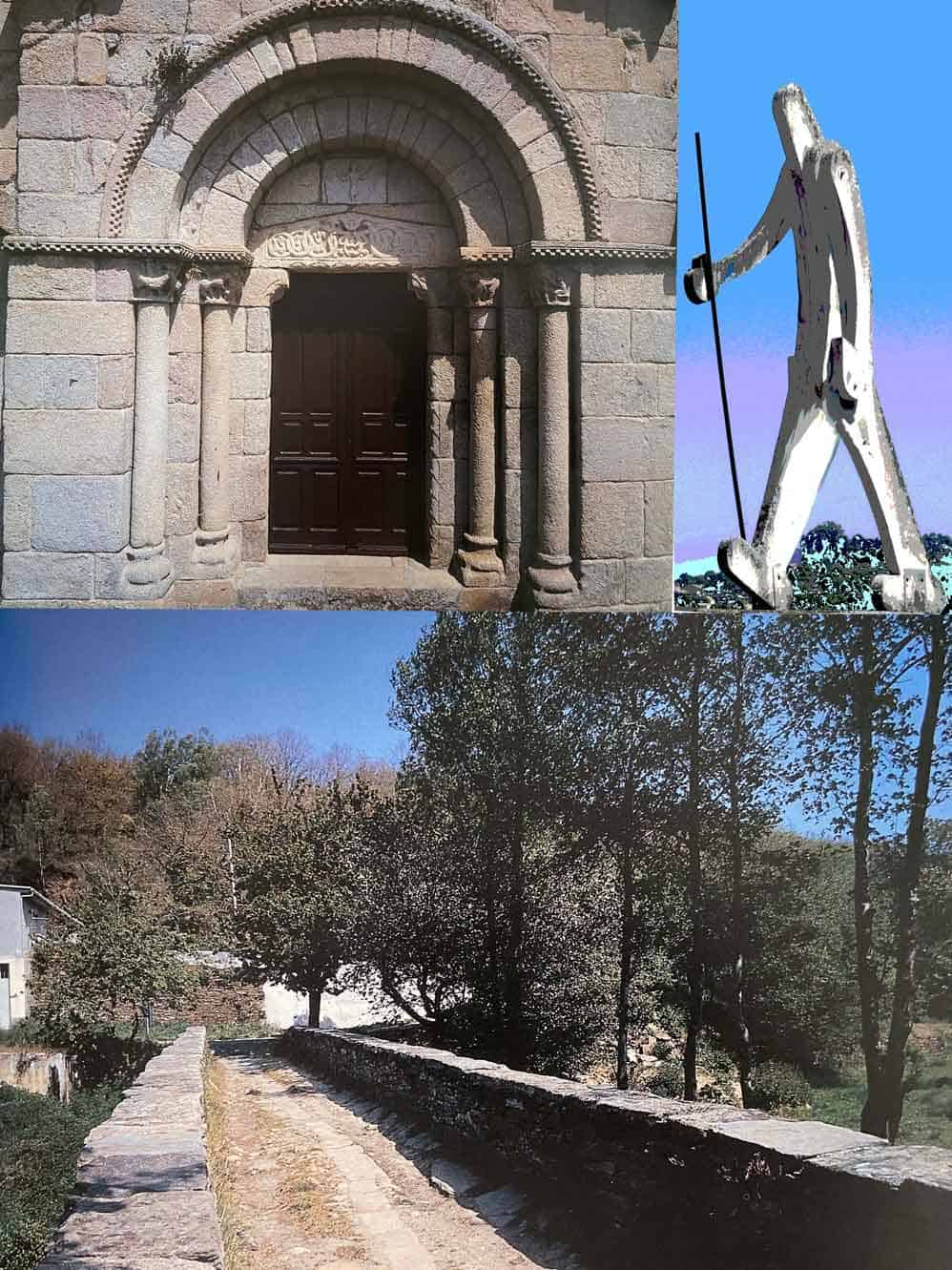 Collage con peregrino la Iglesia de Santiago en Barbadelo y un recodo del camino